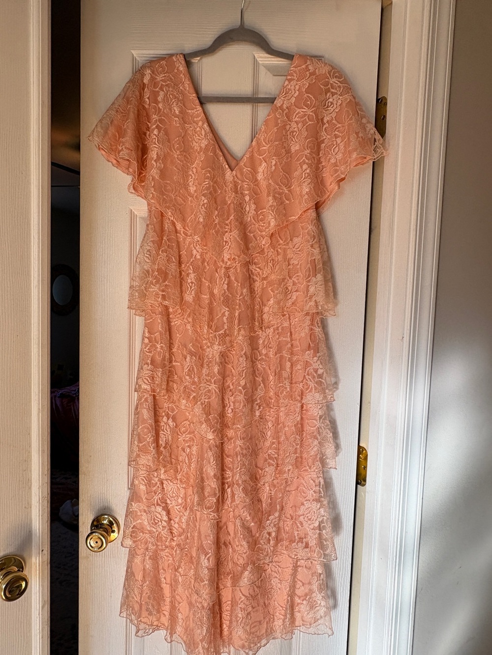 Vintage Peach Lace Tiered V-Neck Dress